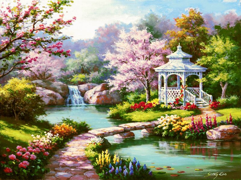 Gazebo in Garden — Green, Serene, Spring, Painting, Pond, Bridge