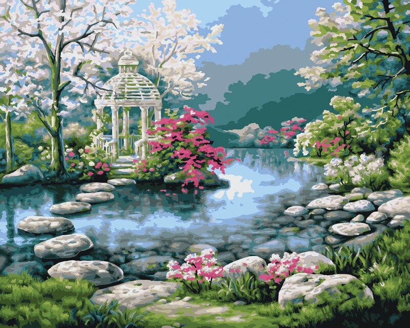 Gazebo in Garden — Green, Serene, Spring, Painting, Pond