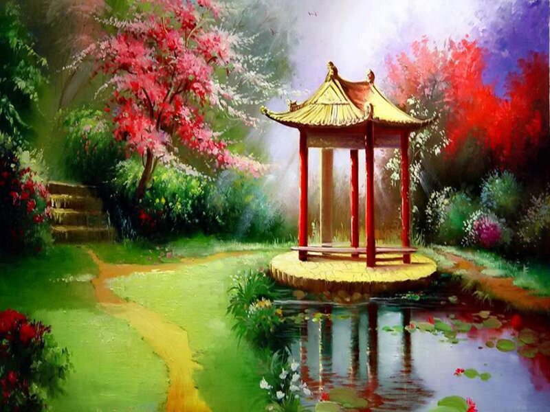 Gazebo in Garden — Green, Serene, Spring, Painting, Pond, Trees