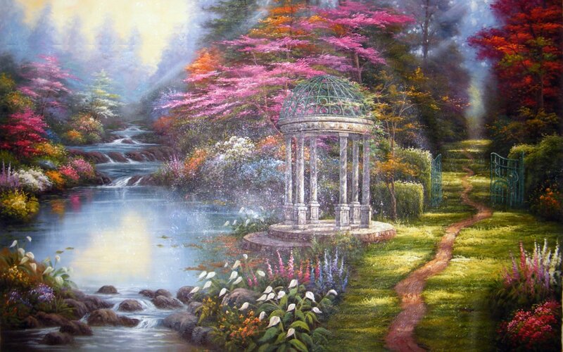 Gazebo in Garden — Green, Serene, Spring, Painting, River, Path