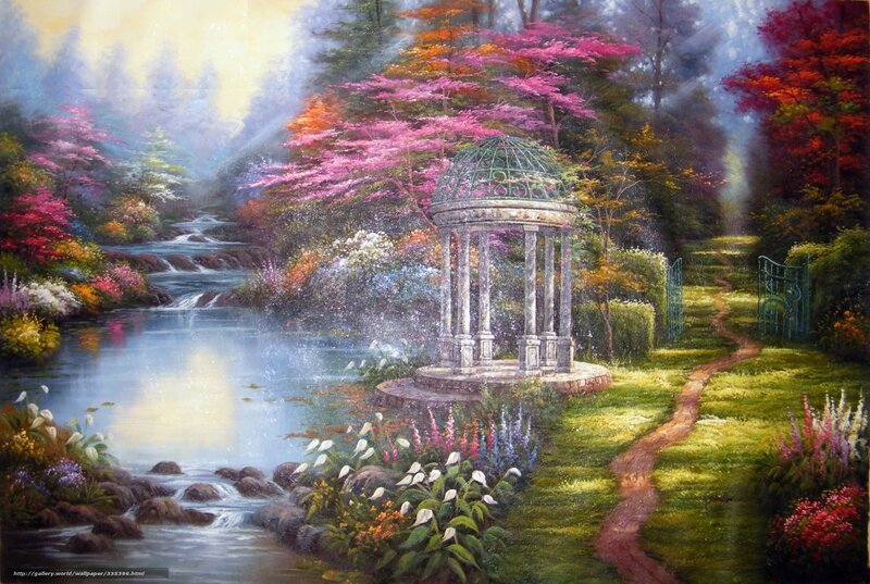 Gazebo in Garden — Green, Serene, Spring, Painting, River, Path, Trees