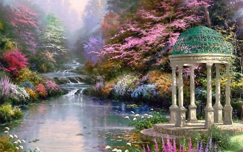 Gazebo in Garden — Green, Serene, Spring, Painting, Stream, Flowers