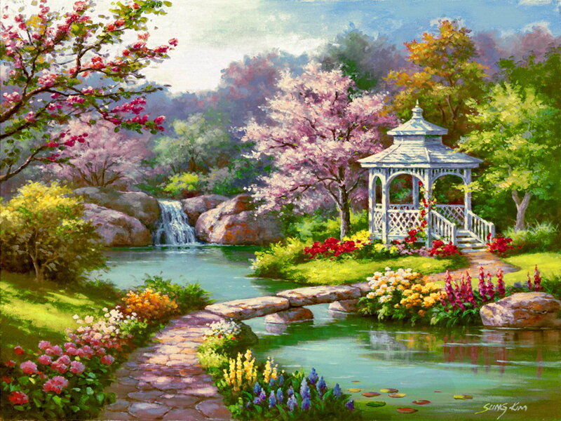 Gazebo in Garden — Green, Serene, Spring, Painting, Stream, Flowers, Trees