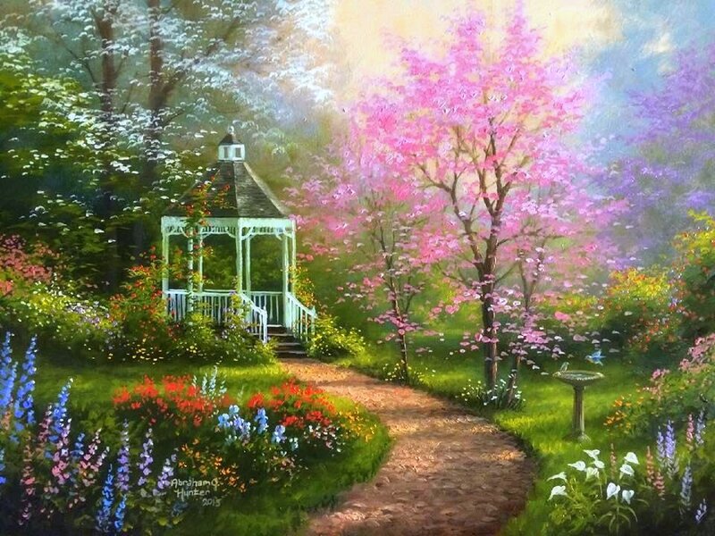 Gazebo in Garden — Green, Serene, Spring, Painting, Tree