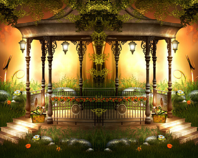 Gazebo in Garden — Green, Serene, Sunset, Digital Art, Flowers