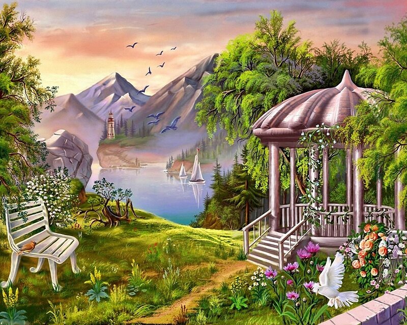 Gazebo in Garden — Green, Serene, Sunset, Painting, Mountains, Lake