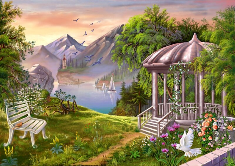 Gazebo in Garden — Green, Serene, Sunset, Painting, Mountains