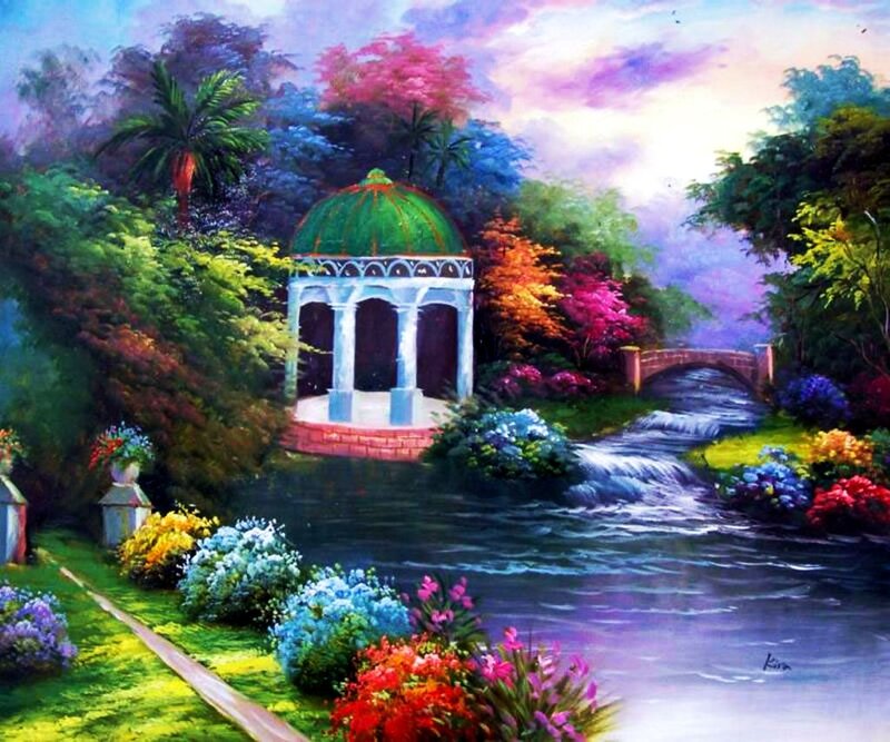 Gazebo in Garden — Green, Serene, Sunset, Painting, River