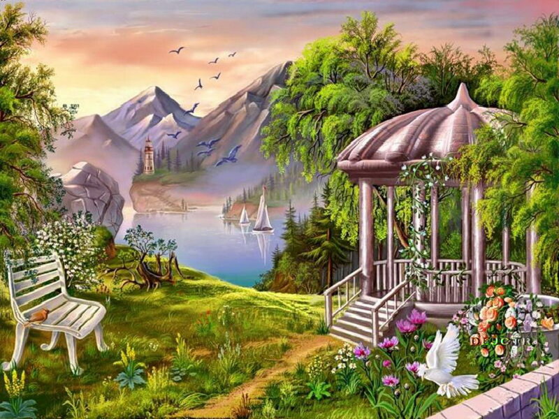Gazebo in Garden — Green, Serene, Sunset, Painting