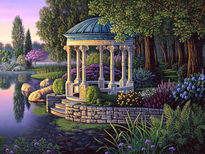 Gazebo in Garden — Green, Serene, Sunset