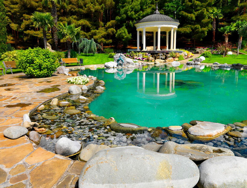 Gazebo in Garden Pond — Green, Serene