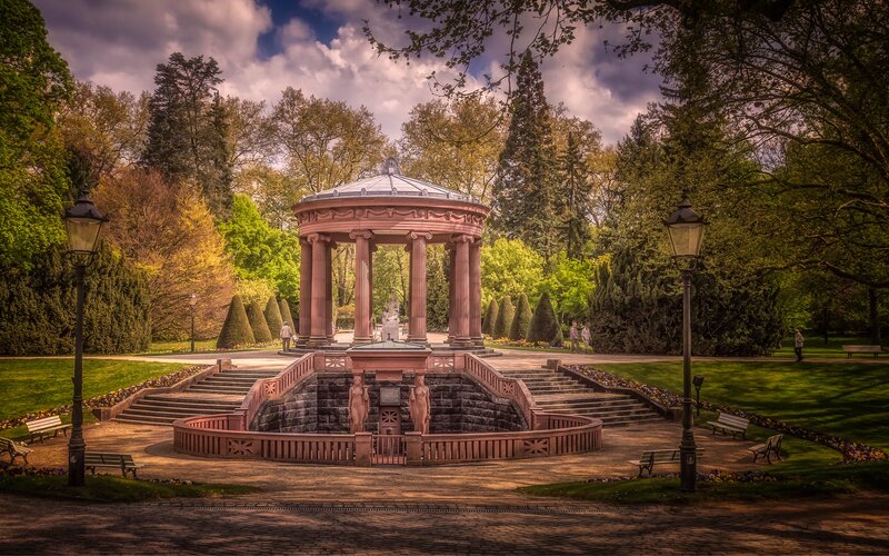Gazebo in Park — Green, Serene, Afternoon, Photograph, Statues