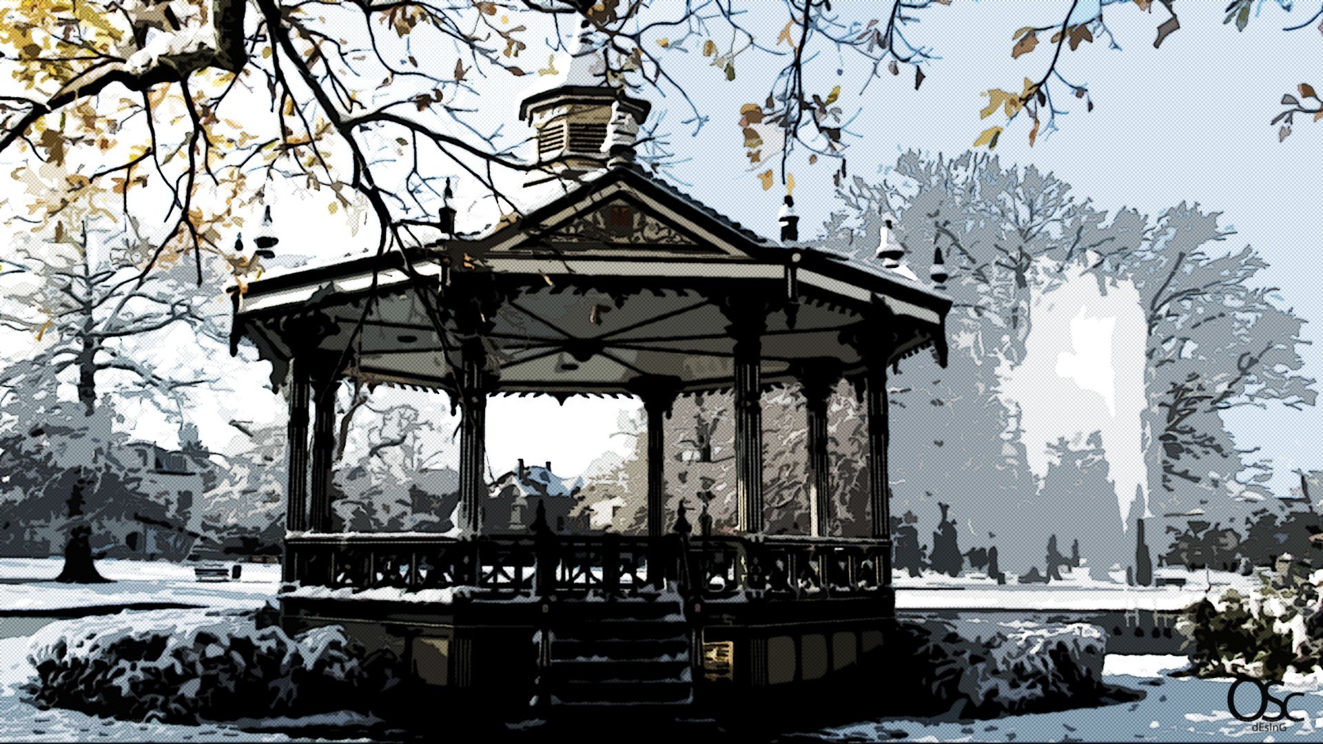 Gazebo in snowy park