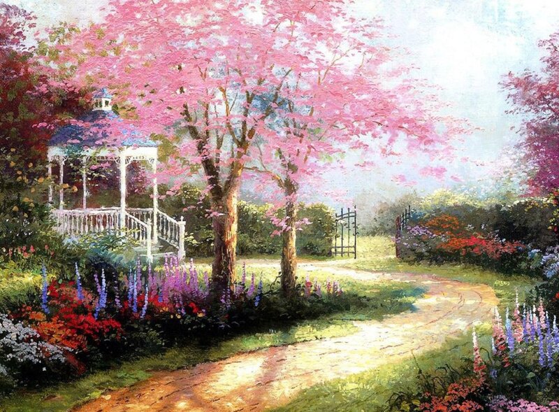Gazebo in Spring Garden — Pink, Serene, Painting