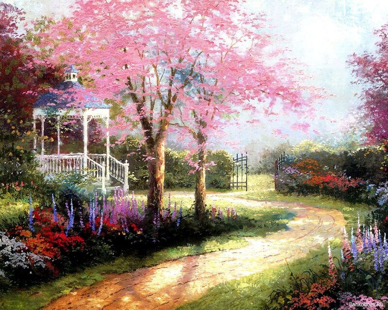 Gazebo in Spring Garden — Pink, Serene, Painting, Tree