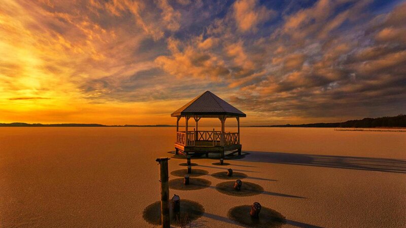 Gazebo on Frozen Lake — Orange, Serene