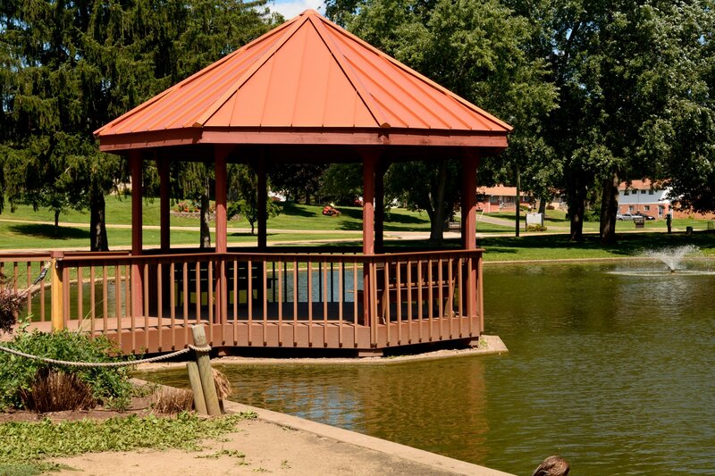 Gazebo on Pond — Brown, Serene