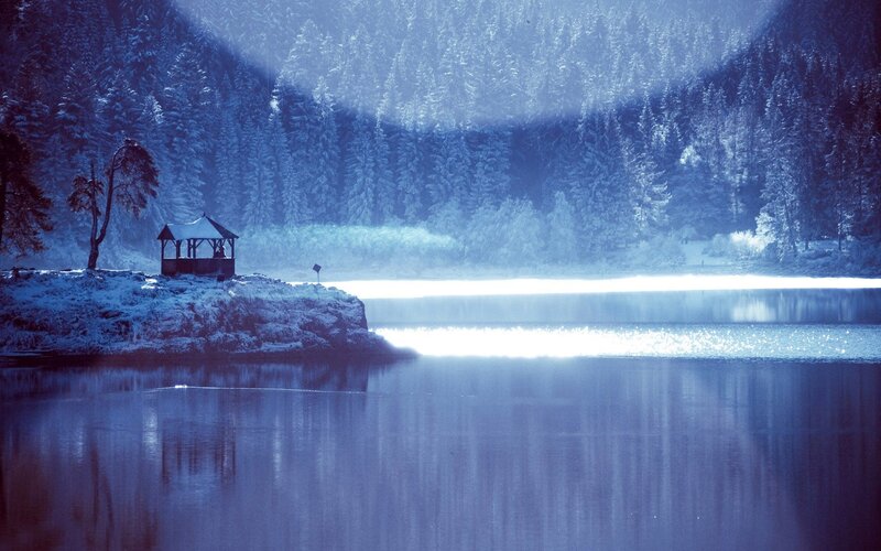 Gazebo on Snowy Shore — Blue, Serene
