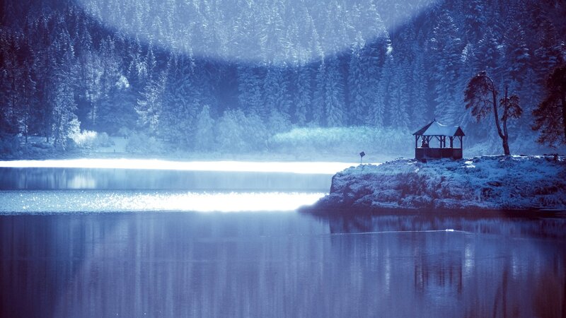 Gazebo on Snowy Shore — Blue, Serene, Winter, Photograph, Lake, Forest