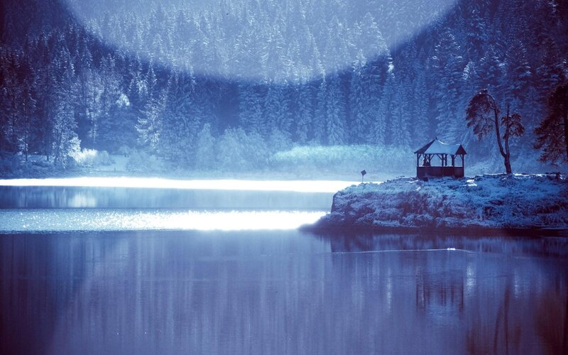 Gazebo on Snowy Shore — Blue, Serene, Winter, Photograph, Lake