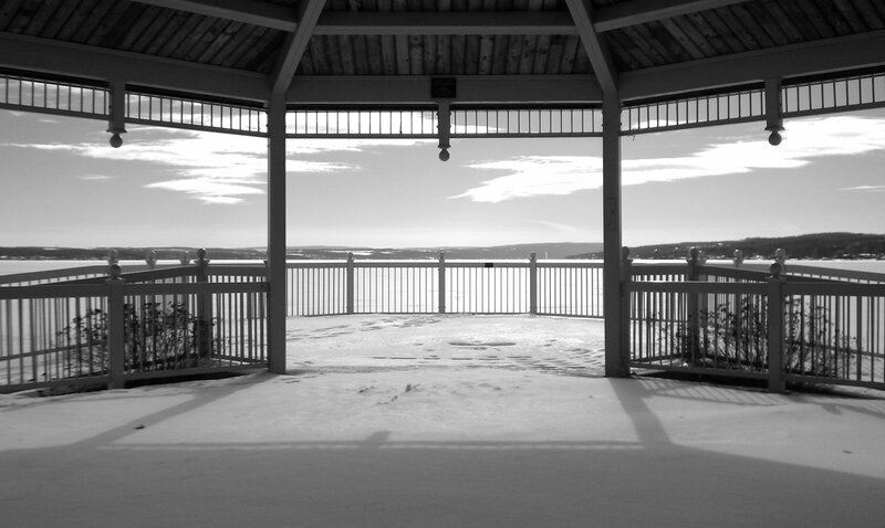 Gazebo overlooking a frozen lake