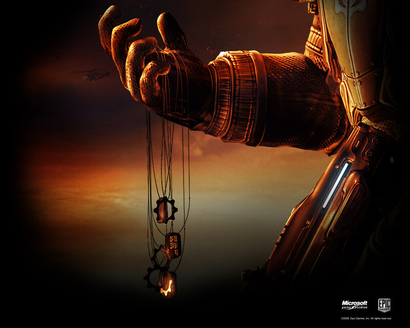 Gears of War character holding medals