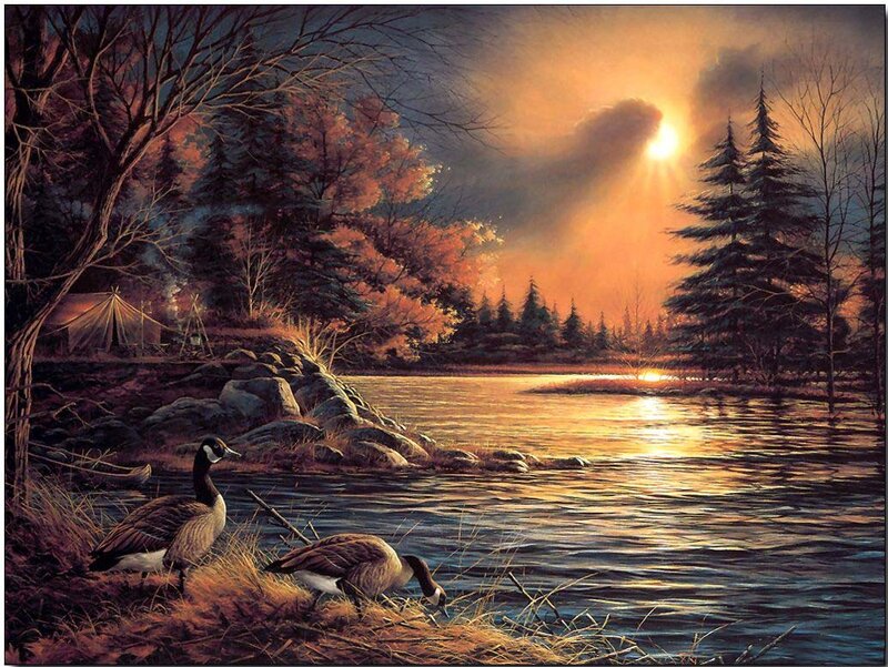 Geese by a Lake — Orange, Serene, Sunset