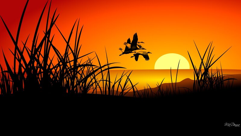 Geese Flying at Sunset — Orange, Serene, Digital Art