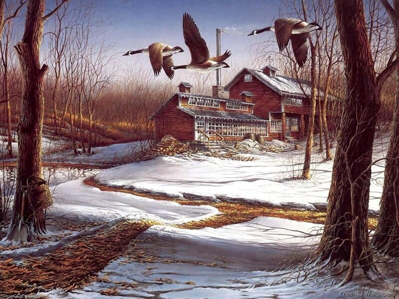 Geese Flying over Cabin — Brown