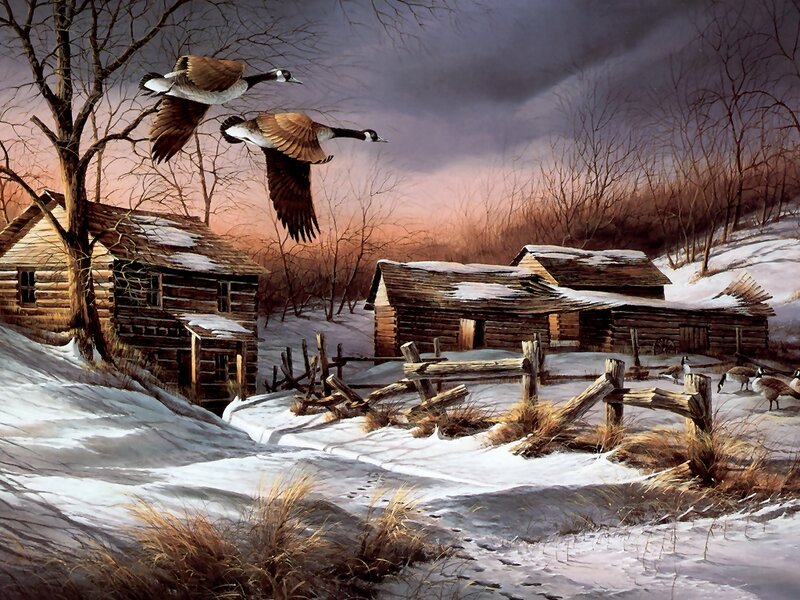 Geese Flying over Cabins — Brown, Dramatic