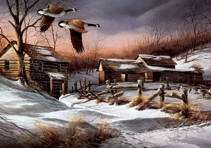 Geese Flying over Cabins