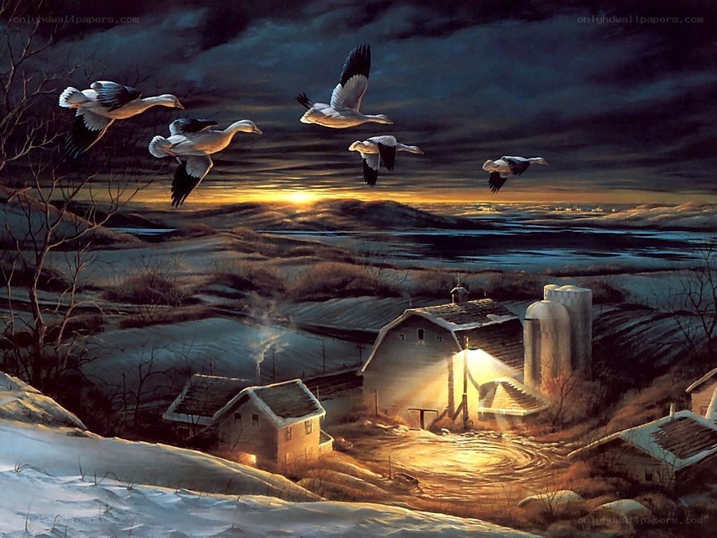 Geese flying over farm at dusk