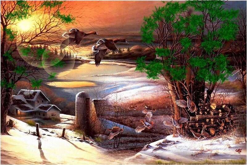 Geese Flying over Farm — Green