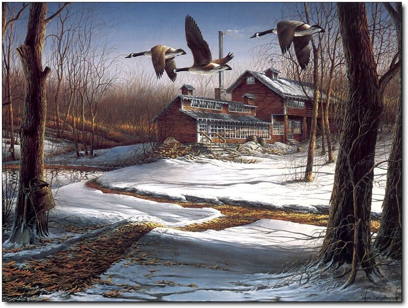 Geese Flying over Farm