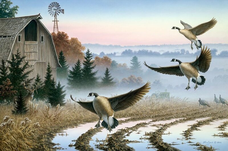 Geese Flying over Field — Blue