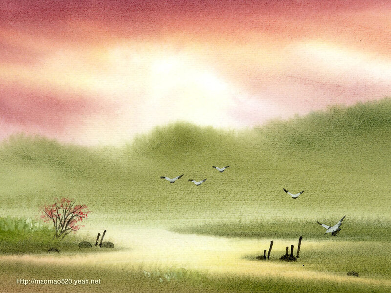Geese Flying over Field