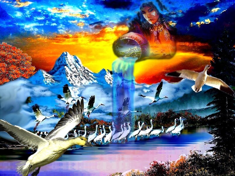 Geese Flying over Lake — Blue, Dramatic