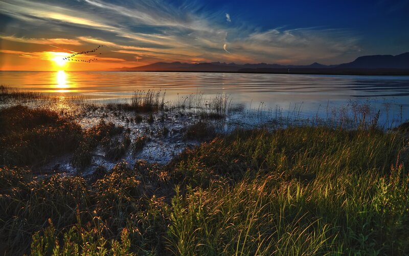 Geese Flying over Lake — Orange, Serene, Sunset, Photograph, Mountains