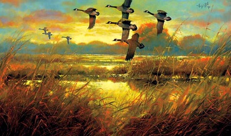Geese Flying over Marsh — Yellow