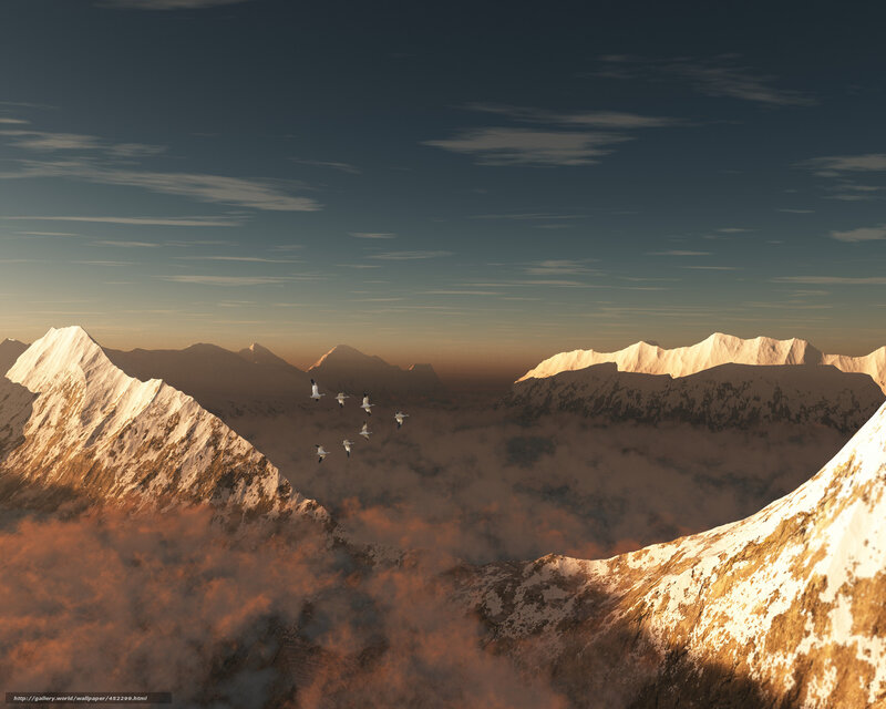 Geese Flying over Mountains — Blue, Serene