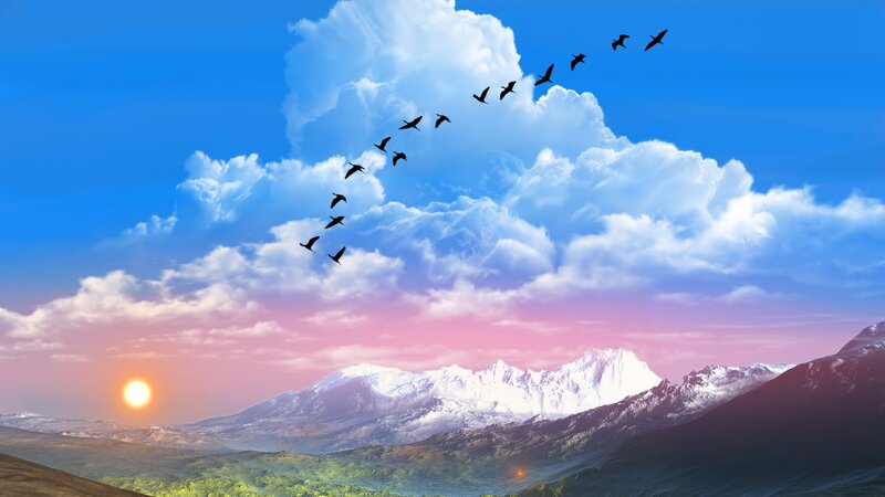 Geese Flying over Mountains — Blue