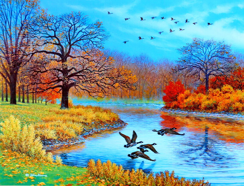 Geese Flying over River — Blue, Serene, Autumn