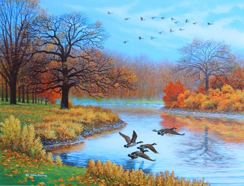 Geese Flying over River — Blue, Serene