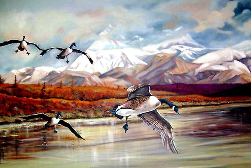 Geese Flying over River — Brown