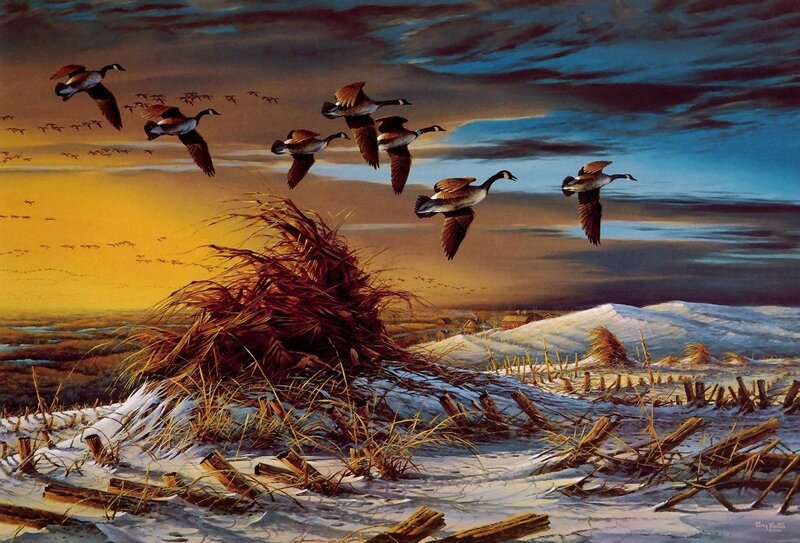 Geese Flying over Snow — Yellow