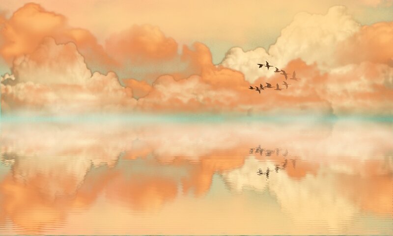 Geese Flying over Water — Orange