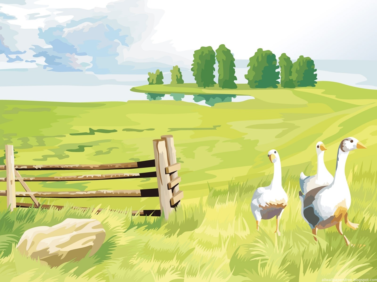 Geese in a Green Field