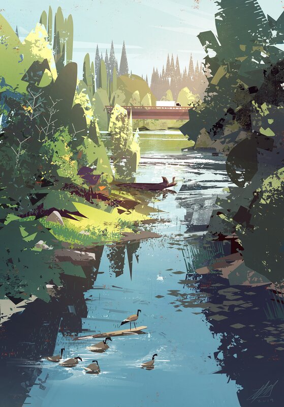 Geese in a River — Blue