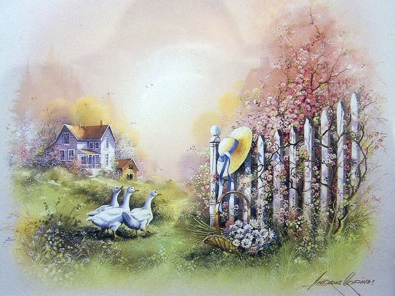Geese in Garden — Green