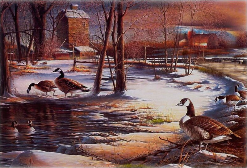 Geese in Winter Landscape — Brown